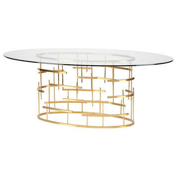 Nuevo Tiffany Oval Glass Top Metal Dining Table in Gold