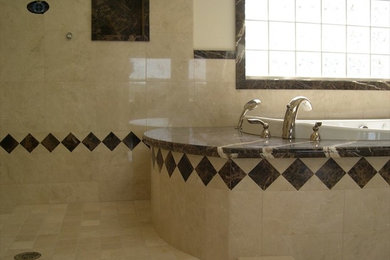 Bathroom - large modern master beige tile bathroom idea in Seattle with white walls