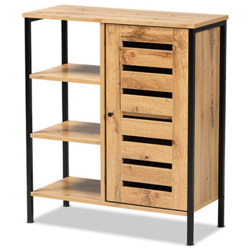 Oak Brown Finished Wood and Black Finished Metal 1-Door Shoe Storage Cabinet