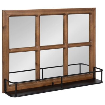 Jackson Wood Windowpane Mirror With Metal Shelf, Brown/Black, 24"x18"