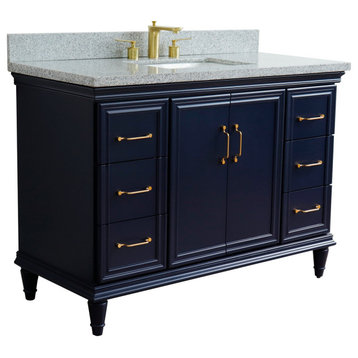 49" Single Sink Vanity, Blue Finish With Gray Granite and Rectangle Sink