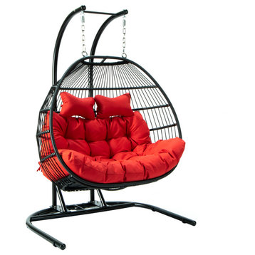 LeisureMod Black Wicker 2 Person Hanging Egg Swing Chair, Red