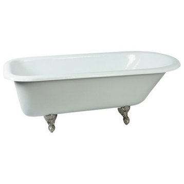 67" Roll Top Clawfoot Tub w/Feet No Faucet Drillings, White/Brushed Nickel