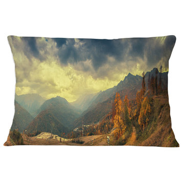 Caucasus Mountains Yellow Panorama Landscape Printed Throw Pillow, 12"x20"