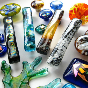 Fused glass tiles and cabinet hardware by Torch Lake Glass