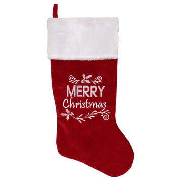 20" Red and White "Merry Christmas" Velour Christmas Stocking