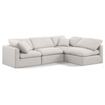 Meridian Furniture - Indulge Upholstered Modular L-Shaped Sectional, Cream, 4-Piece: 2 Armless Chair, 2 Corner Chair, Down Stuffed Linen Textured Fabric - Experience ultimate comfort and style with our cream linen textured fabric Indulge Sectional. The luxurious linen texture of the fabric will elevate the aesthetic of any room. This sofa provides ample space for you to relax while its modular build offers the option of unlimited configurations. Whether you're looking to add a stylish element to your living room or a comfortable seating option to your bedroom, this sofa is the perfect choice.