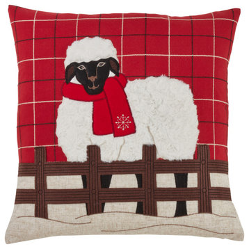 Pillow Cover With Plaid Christmas Pillow With Sheep Design, 18"x18", Red