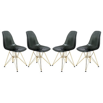 LeisureMod Cresco Plastic Dining Chair with Gold Base Set of 4 Transparent Black