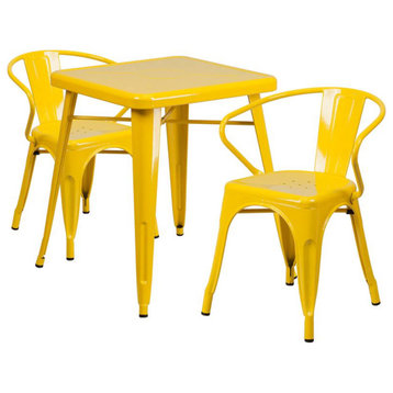 23.75" Square Yellow Metal Indoor-Outdoor Table Set With 2-Arm Chairs