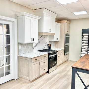 Wynnbrooke White Oak Sand and Linen White Kitchen With Gold Accents