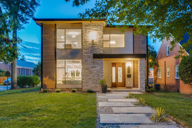 Mid-sized 1950s multicolored two-story mixed siding exterior home photo in Richmond with a shingle roof