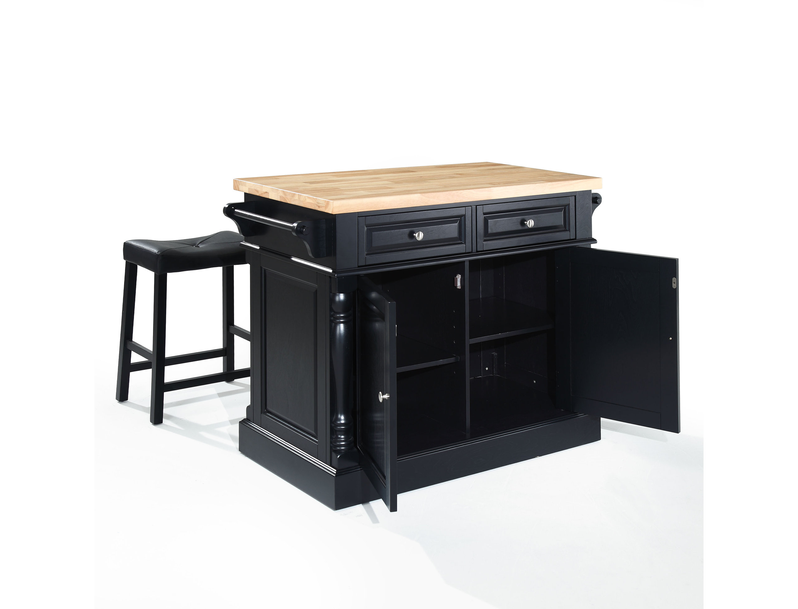 Butcher Block Top Kitchen Island, 24" Black Upholstered Saddle Stools ...