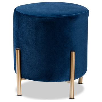 Thurman Navy Blue Velvet Fabric Upholstered and Gold Finished Metal Ottoman