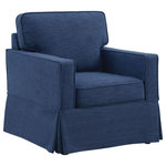 OSP Home Furnishings - Halona Upholstered Armchair, Navy - Create the perfect Cottage home with all its charm and relaxed ease with our Halona armchair. Classic track arm, tailored piping, and flirty kick pleat provide the casual, livable style a well-designed home celebrates. Whether you wish to decorate a living room with a single armchair or purchase a pair to create a sunny reading nook for your family room, your style will shine through with a classic feel that welcomes all to sit and relax. Our deep box cushions are built of high-resiliency foam, wrapped in thick poly-fiber, and set on sinuous spring supports for long-lasting good looks.  Solid wood legs, corner block construction, and simple toolless assembly complete the high-quality integrity of this thoughtfully designed chair.