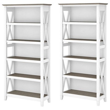 Set of 2 Bookcase, Pure White Body With X-Shaped Sides & 5 Shiplap Gray Shelves