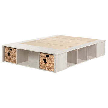 Full Size Platform Bed, Winter Oak Wooden Frame With Rattan Storage Bins, Queen