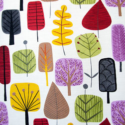 Retro Scandinavian wood fabric tree leaf purple orange - Fabric