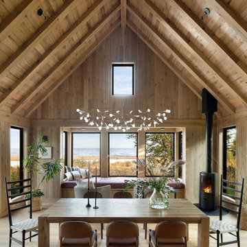 White Oak Paneling and Timbers in Modern Rustic Dining Room