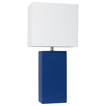 Elegant Designs Modern Leather Table Lamp With White Fabric Shade, Blue