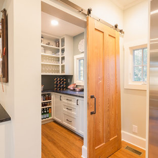Mid-sized craftsman kitchen pantry pictures - Example of a mid-sized arts and crafts medium tone wood floor and brown floor kitchen pantry design in Raleigh with recessed-panel cabinets and white cabinets