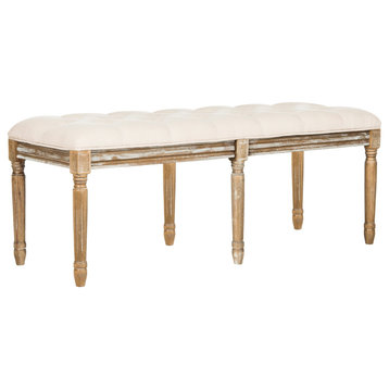 Rocha French Brasserie Tufted Traditional Rustic Wood Bench, Beige Linen