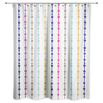DDCG - Retro Bead Pattern Shower Curtain - Make a splash with our bold and colorful Retro Bead Pattern Shower Curtain. This retro inspired pattern will add cheer to your bathroom. The fabric shower curtain includes 12 eyelets for hanging and is made of softened polyester fabric. Colors include mustard yellow, navy blue, hot pink, greige, turquoise and white. This unique shower curtain is designed, printed and assembled in the U.S.A. Shower curtains are made stitched enforced eyelits for hanging. Grommets, hooks and rod are not included.
