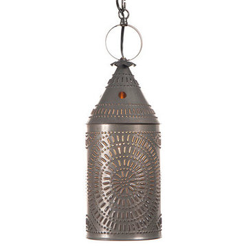 Handcrafted Punched Tin Hanging Lantern Fixture With Country Chisel Pattern