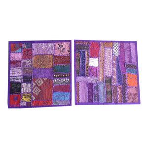 Mogulinterior - Designer Throw Pillow Sham Purple Vintage Patchwork Embroidered Cotton Cushion C - Pillowcases And Shams
