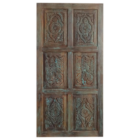 Consigned Nature Carved Doors, Blue Carved Sliding Barn Door, Interior Door