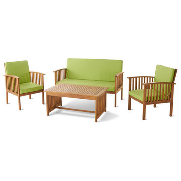 GDF Studio 4-Piece Caresta Outdoor Acacia and Light Green Cushions Sofa Set