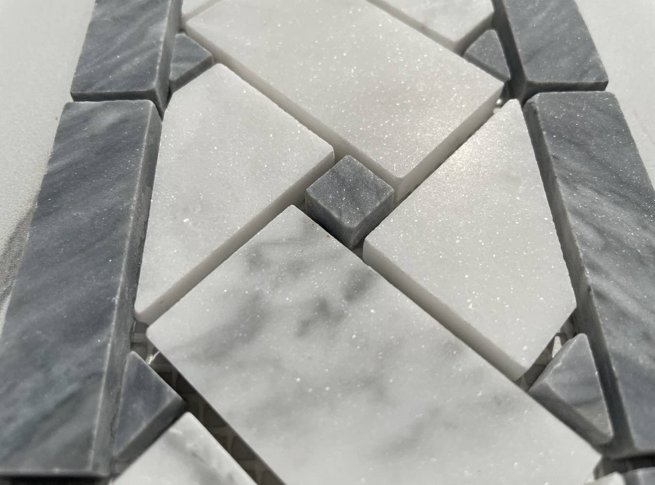 Carrara Venato Marble Basketweave Mosaic Border Dark Gray Dots Honed, 1 sheet