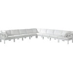 Meridian Furniture - Nizuc Water Resistant Patio L-Shaped Modular Sectional, White, 9-Piece: 6 Armless Chair, 3 Corner Chair, White Aluminum Frame - Pick and choose your favorites from the Nizuc collection to create a modular seating group the whole gang will enjoy. The sturdy aluminum frame provides dependable support for friends and family as they relax and unwind, and the resilient white water resistant fabric stands up to the elements without losing its beautiful demeanor, so you can count on it lasting for the long haul. Latches beneath these seating pieces help you easily attach them to one another for convenient setup.