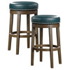 Lexicon Westby 29" Faux Leather Round Swivel Bar Stool in Green (Set of 2)