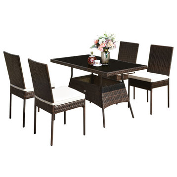 Costway 5 PCS Patio Rattan Dining Set Glass Table High Back Chair Mix Brown
