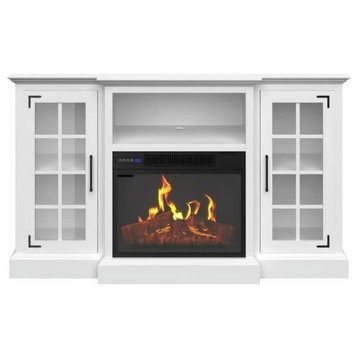 Tall TV Stand, Side Windowpane Cabinet Glass Doors and Center Fireplace, White