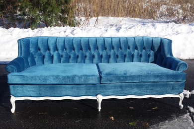 French Provincial Vintage Blue Velvet Couch Redo