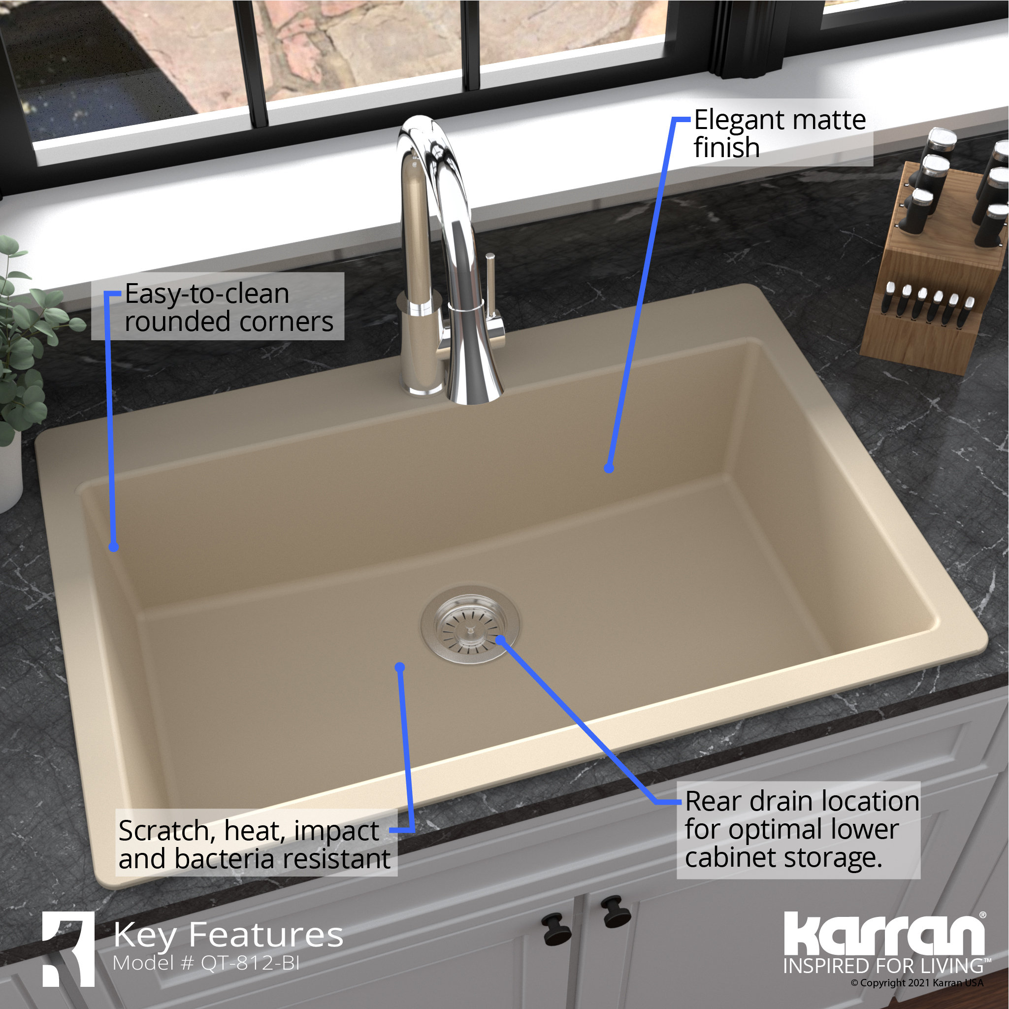 Karran QT-812 Top Mount 33" Large Single Bowl Quartz Kitchen Sink, Bisque