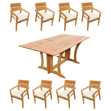 9-Piece Outdoor Teak Dining Set: 69" Folding Table, 8 Celo Stacking Arm Chairs