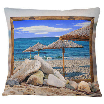 Framed Effect Beach Umbrellas Seashore Throw Pillow, 16"x16"