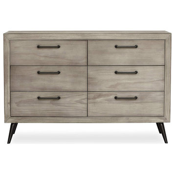 Large Double Dresser, Angled Legs With 6 Drawers and Black Pulls, Windsor Oak Gr
