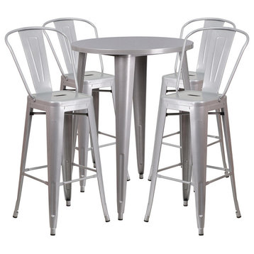 Flash Commercial Grade 30" Round Silver Metal Bar Table Set & 4 Cafe Stools