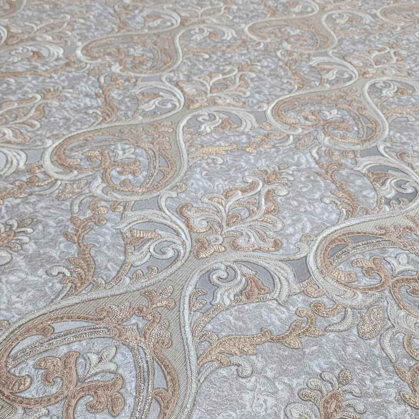 Victorian dark gray bronze gold metallic ogee damask textured Wallpaper ...