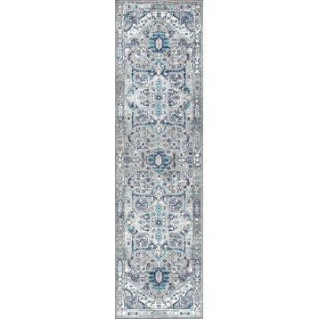 Modern Persian Vintage Medallion Light Grey/Blue 2' x 8' Runner Rug