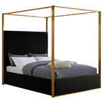 Meridian Furniture - Jones Upholstered Bed, Black, King, Velvet - Dream big in the Jones black velvet canopy bed. This handsome Meridian Furniture bed has a channel tufted headboard, giving the bed a regal and sophisticated look. The headboard is tufted for added elegance, and the bed comes with a brushed brass metal canopy, adding to its overall elegance and grandeur. Black velvet fabric used on the sides and headboard gives it a luxe vibe, and the headboard is heavily padded, making it an ideal backrest for reading or watching TV.