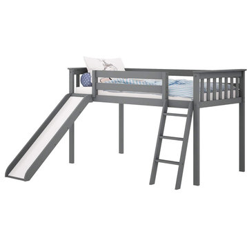Twin Size Loft Bed, Pinewood Frame With Safety Guard Rails and Slide, Grey