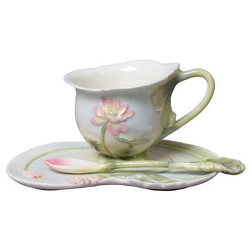 Lotus Coffee Cup Set With Spoon, Lotus, Fine Porcelain