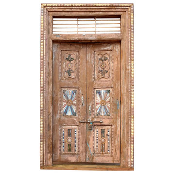 Consigned Antique Huge Door,Rustic Teak Indian Haveli Double Doors With Frame