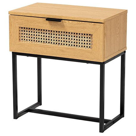 Black Metal 1-Drawer End Table with Natural Rattan