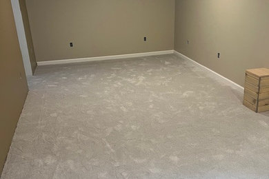 Inspiration for a mid-sized modern look-out carpeted and beige floor basement remodel in Other with brown walls